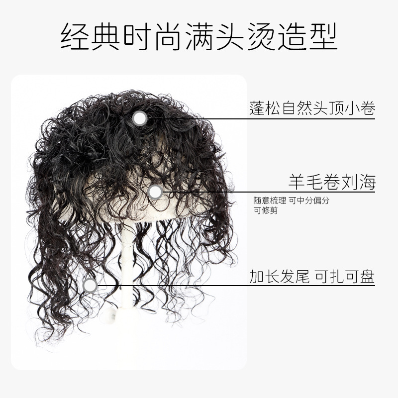 白髪カバー巻き毛ウィッグ、女性用本物の人毛ヘアピース、シームレスふわふわ軽量ウール小巻毛ヘアピース|undefined