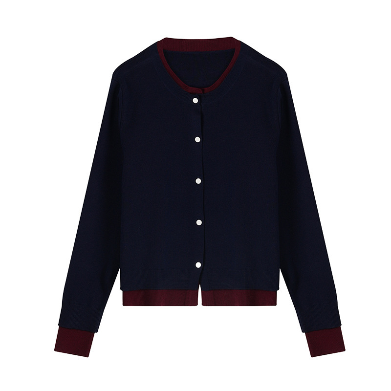 Korean Style Contrasting Fake Two-Piece Sweater Cardigan Jacket for Women Early Autumn 2025 New Style with Round Neck Knitted Top Korean Style Contrasting Fake Two-Piece Sweater Cardigan Jacket for Women Early Autumn 2025 New Style with Round Neck Knitted Top