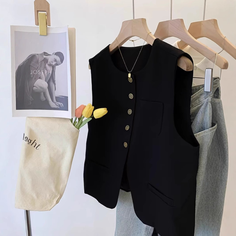 Loose Round Neck Single-breasted Short Suit Vest Jacket Women's Spring and Autumn European Fashionable Western-style High-end Vest Loose Round Neck Single-breasted Short Suit Vest Jacket Women's Spring and Autumn European Fashionable Western-style High-end Vest