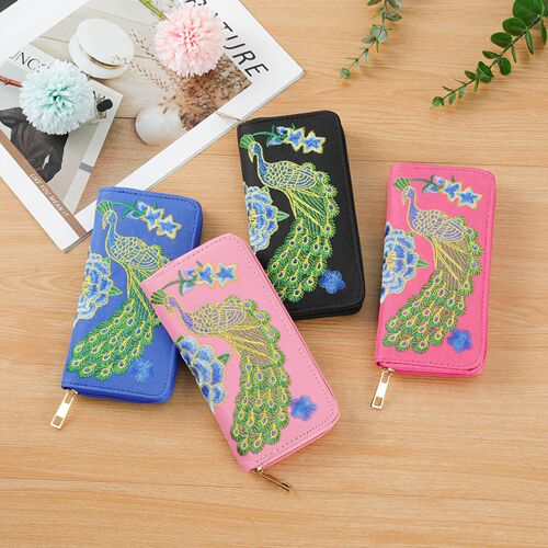 Ladies Single Strap Handbag with Ethnic Style, Embroidered Peacock Design, Multi-Card Slot Wallet, Tourist Souvenir