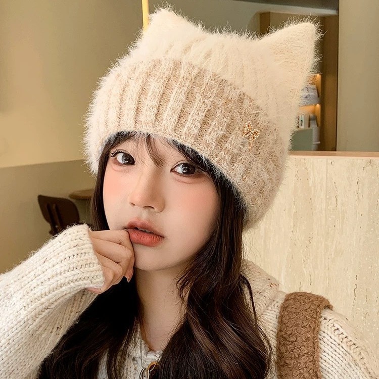 可爱毛线帽子女秋冬超萌韩版猫耳朵女生针织套头帽保暖毛绒帽冷帽|undefined
