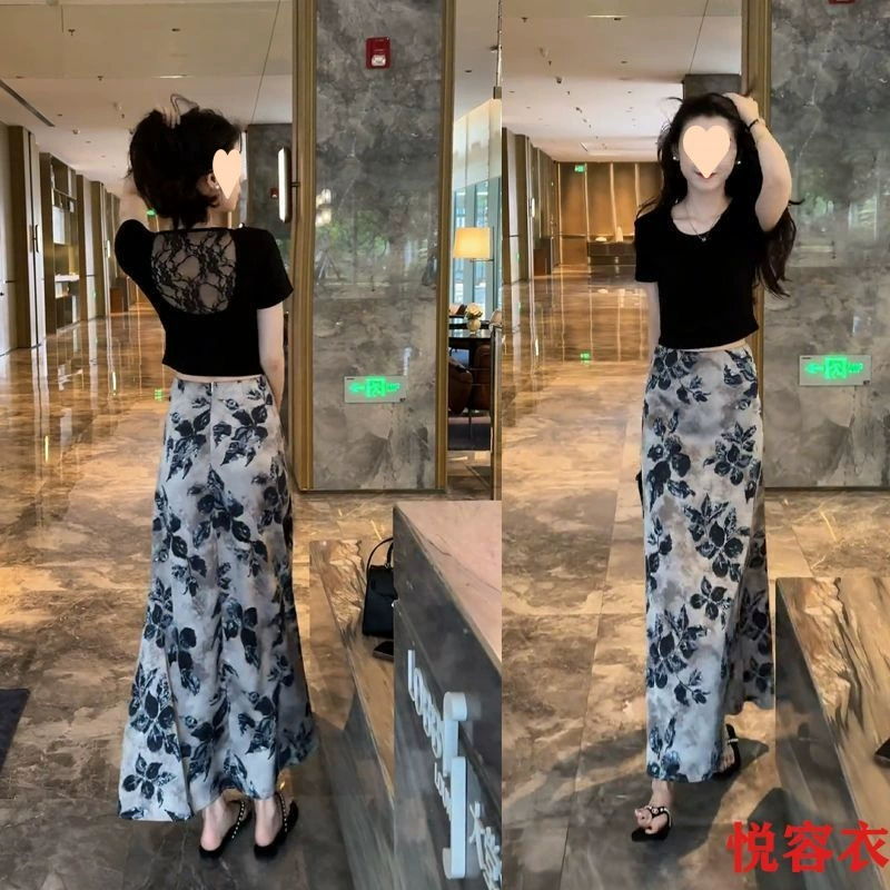 Французский элитный костюм для женщин, летний новый стиль, рубашка с короткими рукавами и открытой спиной, юбка с высокой талией и цветочным принтом, комплект из двух предметов