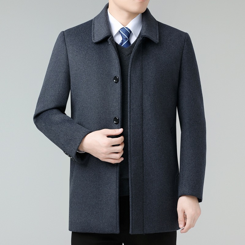 Autumn and winter middle-aged and elderly men's wool coat, mid-length, loose fit, father's winter wool coat, fleece-lined and thickened