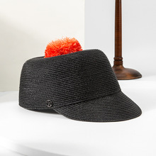 荣美2024新款春夏草编鸭舌帽红色毛球装饰夏季棒球帽休闲遮阳帽子