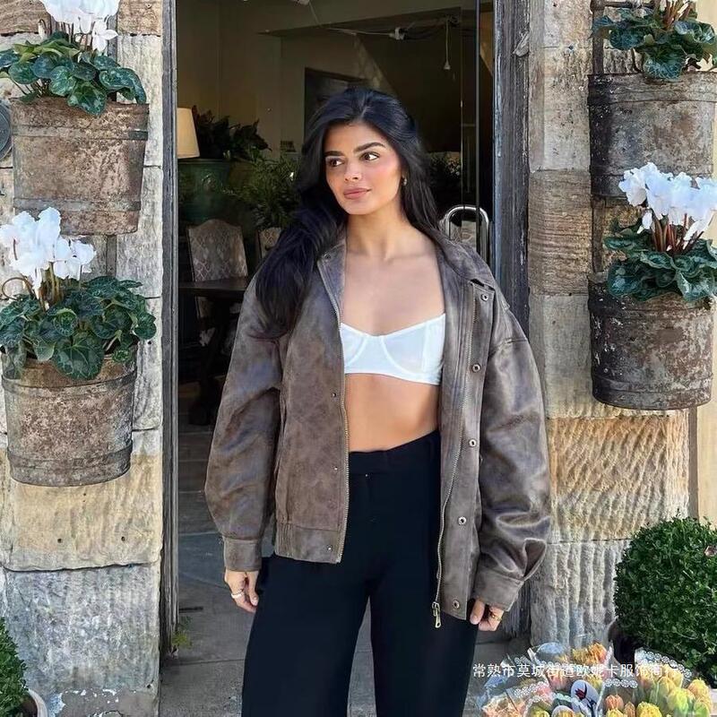 24 Autumn and Winter European and American Brown Leather Jacket Suede American Retro Loose Profile Flight Jacket Leather Jacket 3227