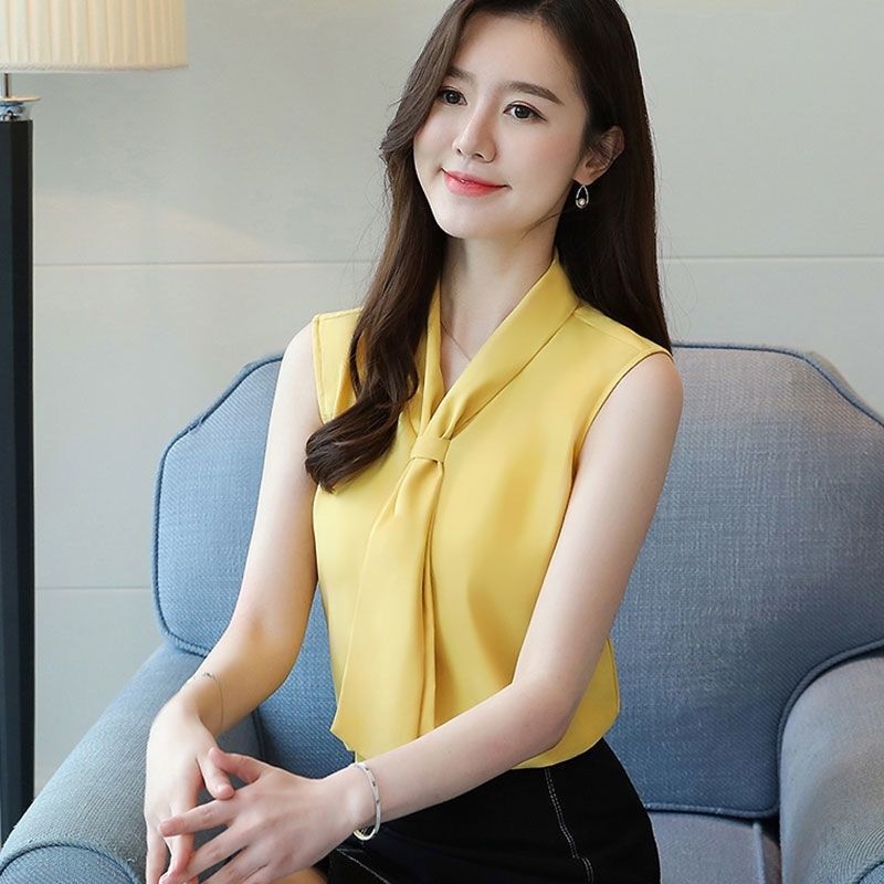 2025 Summer Bowknot Business Wear New Style Flutter Collar Sleeveless Loose Chic Chiffon Shirt Fresh Korean Style