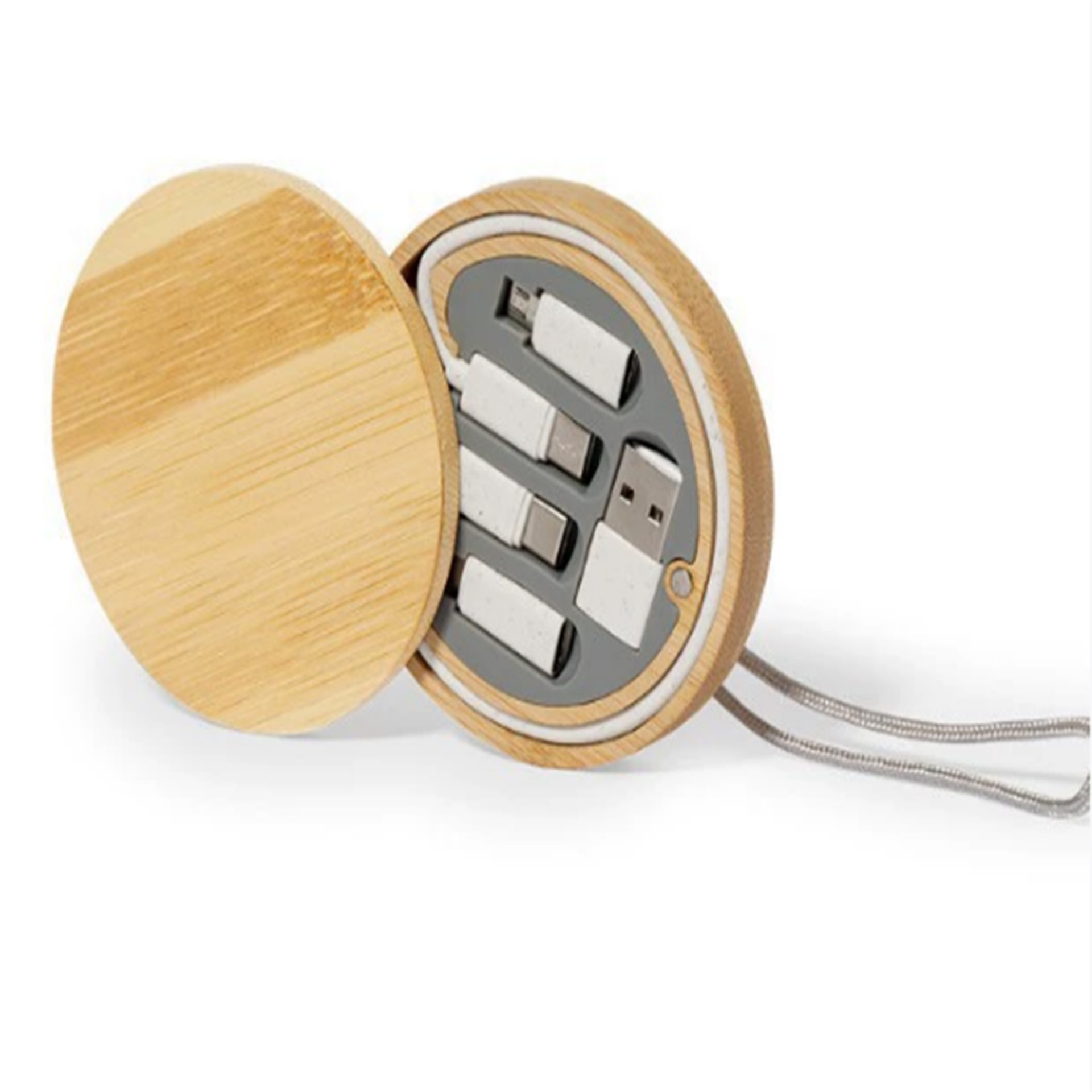 New Round Wheat Straw Bamboo Data Cable Management Box 60W Fast Charging Multi-Head Charging Cable Adapter Gift Cable