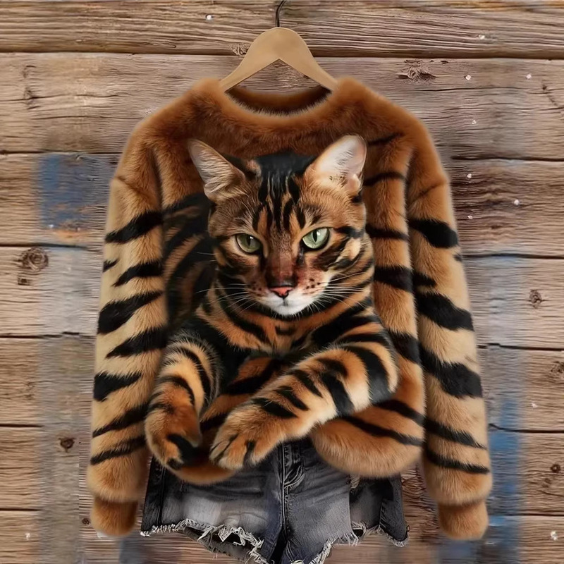 Independent Foreign Trade Women's Round-Neck Sweatshirt with 3D Digital Print Tiger-Striped Cat Flannel Pattern, Comfortable Plush Sweatshirt