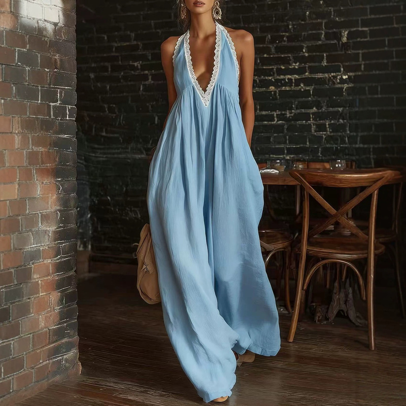 European and American Summer New Style Casual Loose Pure Cotton Breathable Lace Edge V-Neck Sleeveless Vest Jumpsuit for Women European and American Summer New Style Casual Loose Pure Cotton Breathable Lace Edge V-Neck Sleeveless Vest Jumpsuit for Women