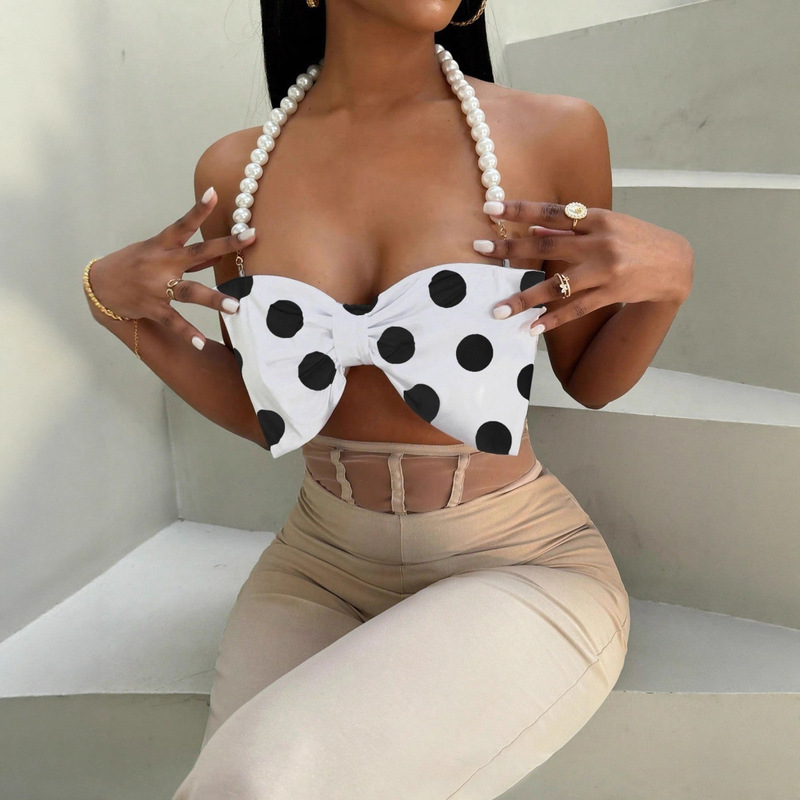 Cross-Border Export Women's Clothing Pure Desire European and American Sexy Hottie Polka Dot Halter Neck Pearl Camisole 8856