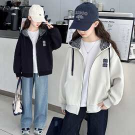 女童秋装连帽拼接外套2025新款中大童韩版洋气韩版拉链卫衣开衫潮