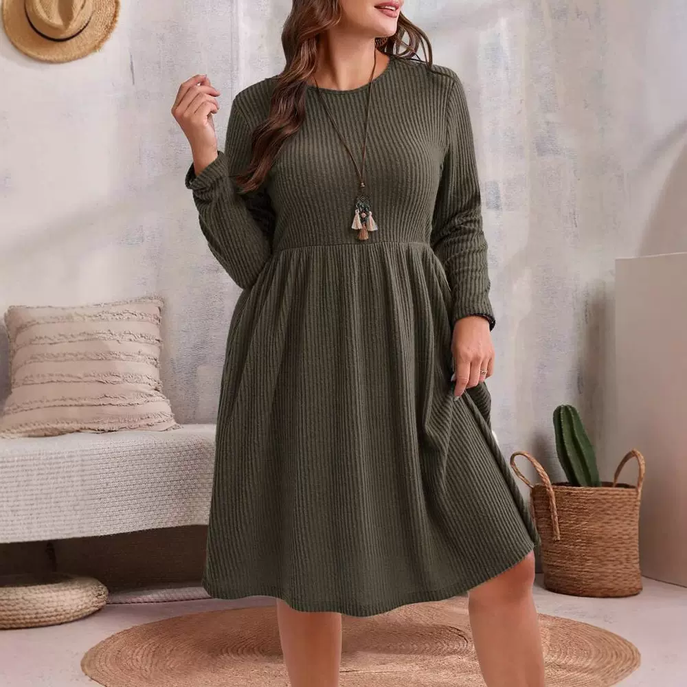 2024外贸跨境大码女装时尚简约设计感连衣裙秋冬百搭通勤中长裙子