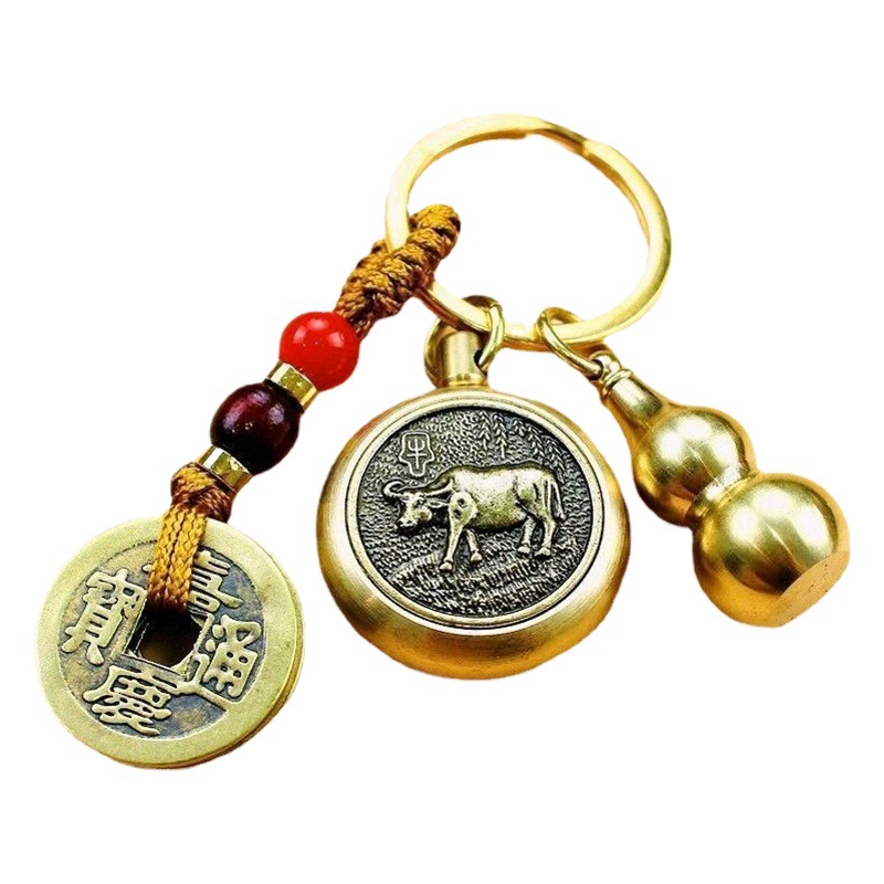 Brass Zodiac Money Transfer Keychain, Car Pendant, Decompression Single-Sided Rotating Pixiu Key Chain