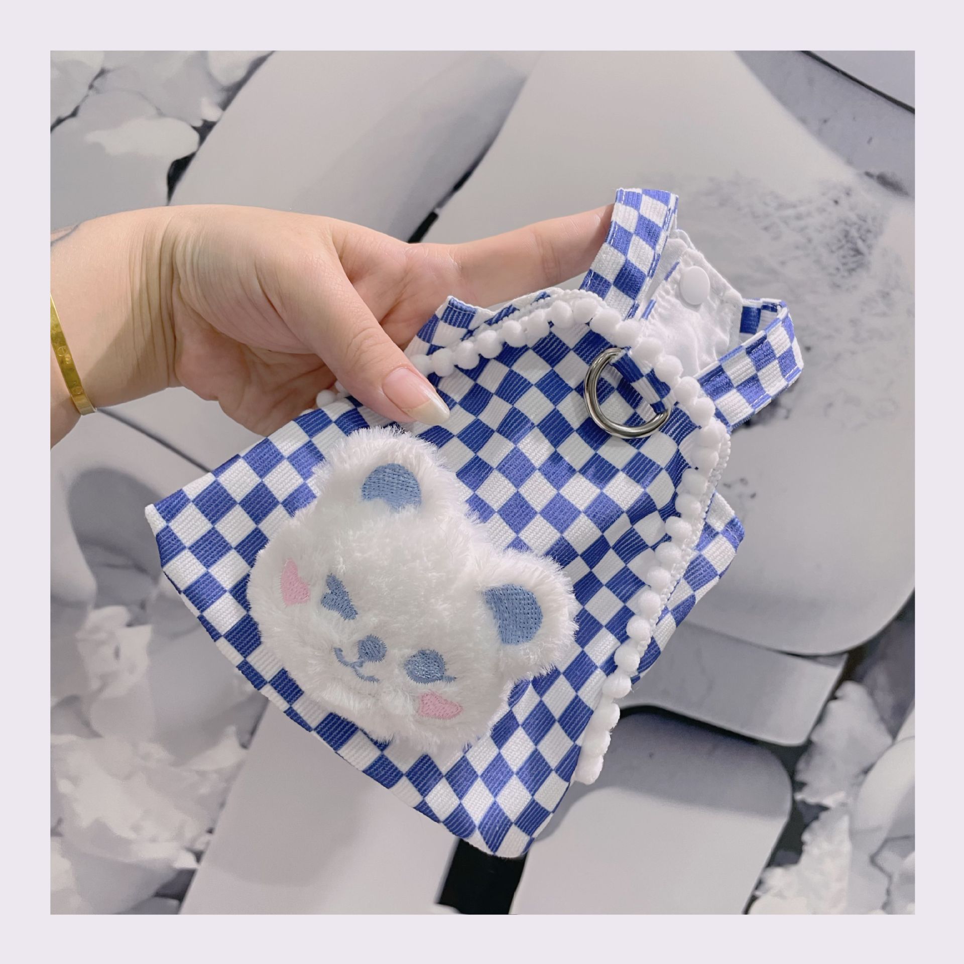 寵物衣服藍白棋盤格子背帶裙小體狗狗燈芯絨秋冬可愛玩偶牽引繩扣