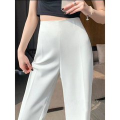 女性用サイドジッパーマイクロフレアスーツパンツ、夏用薄手白ハイウエストワイドレッグパンツ、ドレープお腹引き締めヒップアップ、ナローストレートパンツ
