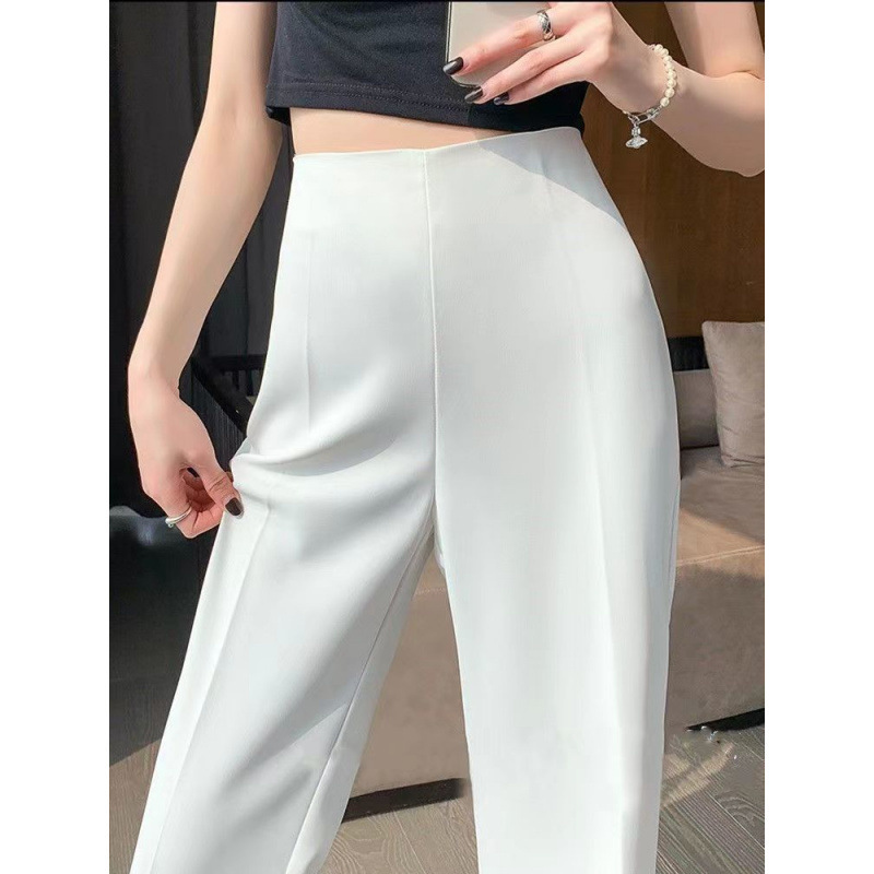 女性用サイドジッパーマイクロフレアスーツパンツ、夏用薄手白ハイウエストワイドレッグパンツ、ドレープお腹引き締めヒップアップ、ナローストレートパンツ|undefined