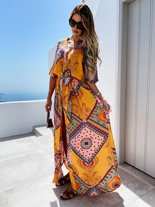 Femmes Robe Régulière Élégant Col En V Impression Manche Courte Bloc De Couleur Maxi Longue Robe Vacances display picture 6