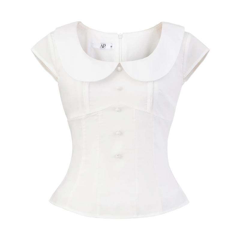 25317-2025 New Pure Desire Doll Collar Waist Slimming Top Feminine Fashion Hot Girl Short-Sleeved Shirt