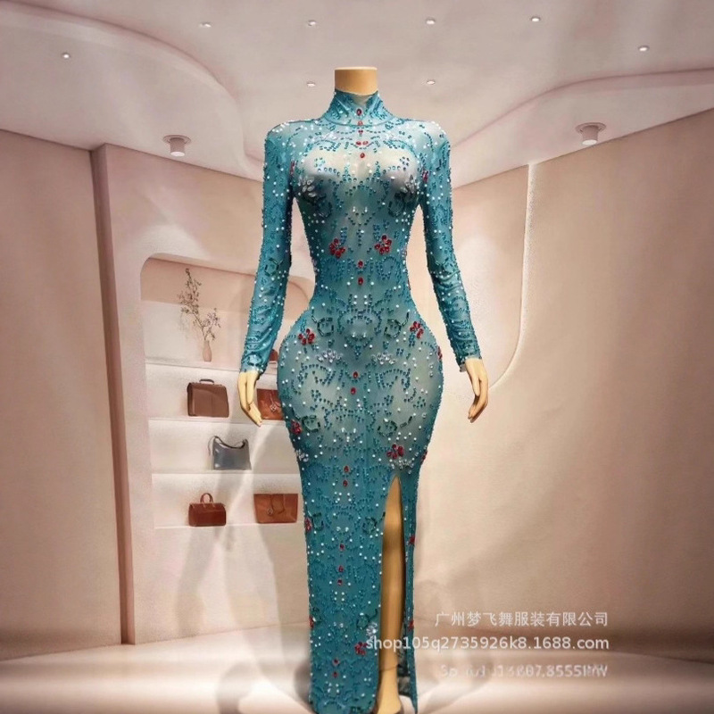 Luxurious and Sexy Blue-Green Rhinestone Stage Dress, Birthday Party Suit, Lona Sleeves, Photo Shoot