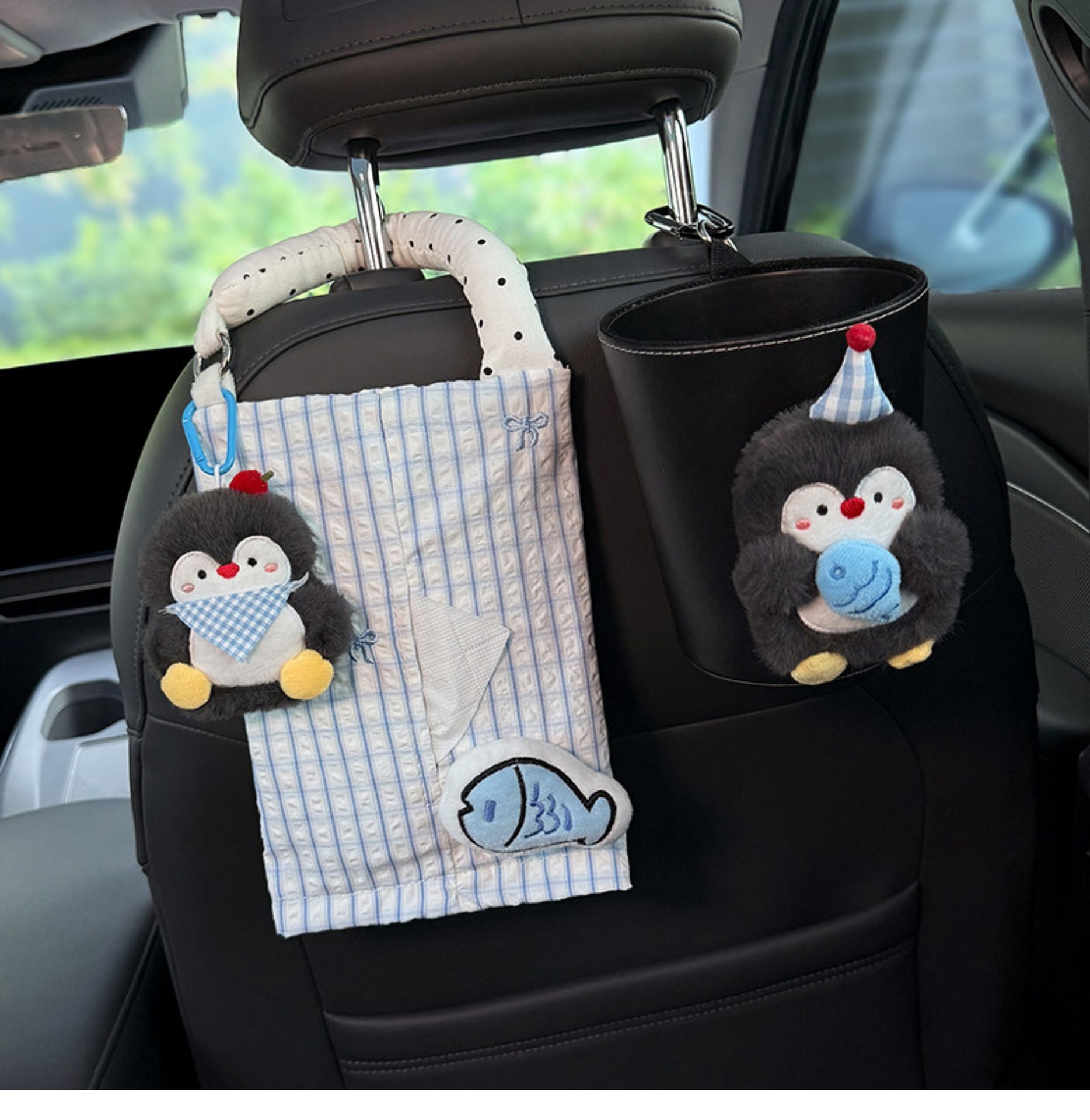 2026 New Penguin Car Trash Bin and Tissue Box 2-in-1 Front and Rear Seat Tissue Hanging Bag Cute Car Storage