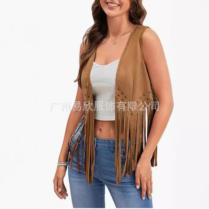 Fringed Vest Women's Suede Front Open Vintage Vest Sleeveless 70 s Bohemian West Jacket