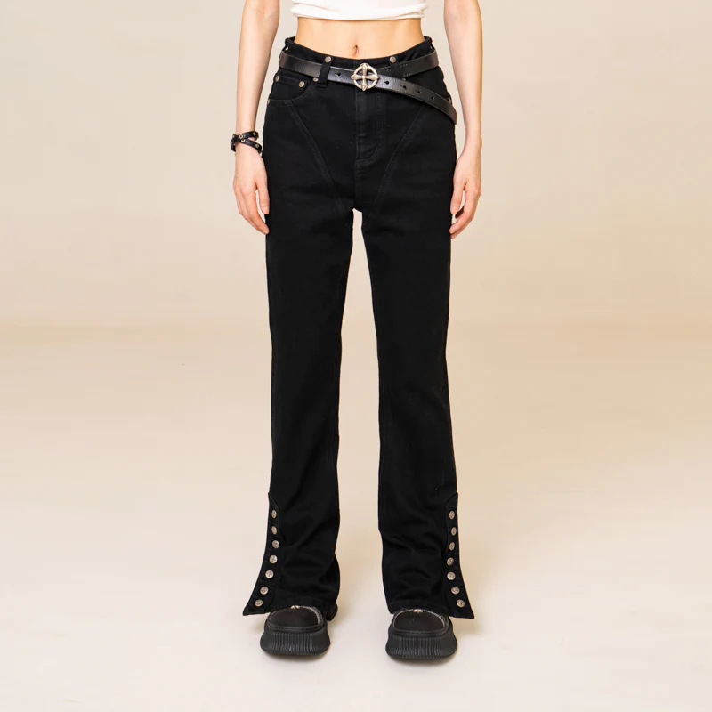 SMFKRider motorcycle mermaid jeans medium washed high elastic breasted split flared pants new Denim