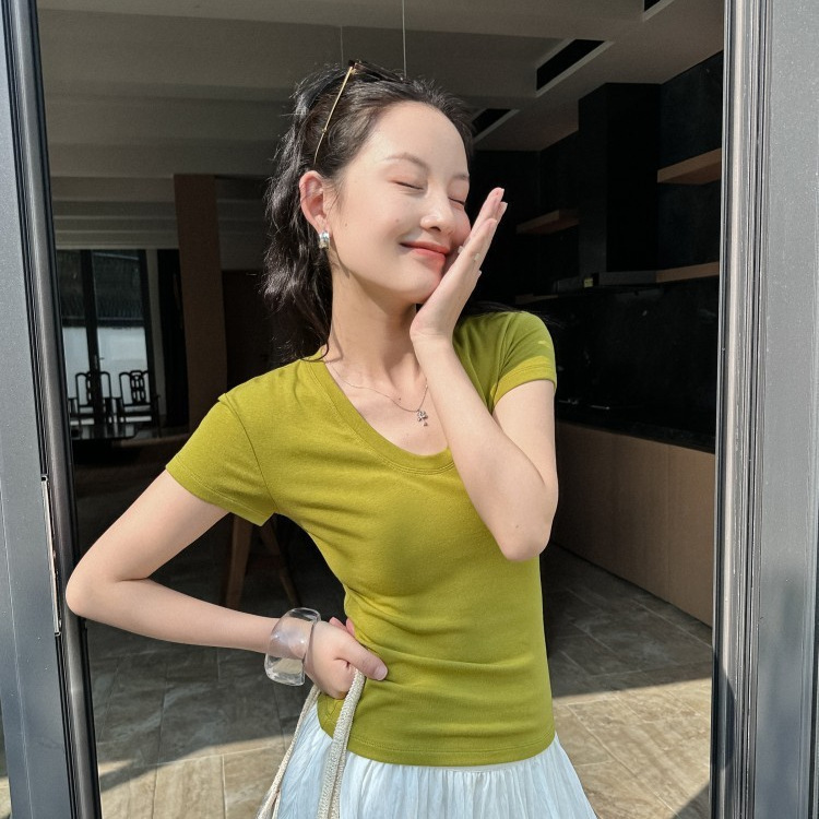 U-Neck Short-Sleeved Bottoming Shirt 2025 Spring and Summer Digm High-Elastic Slim-Fit T-Shirt for Women 60382 Design Slim Fit