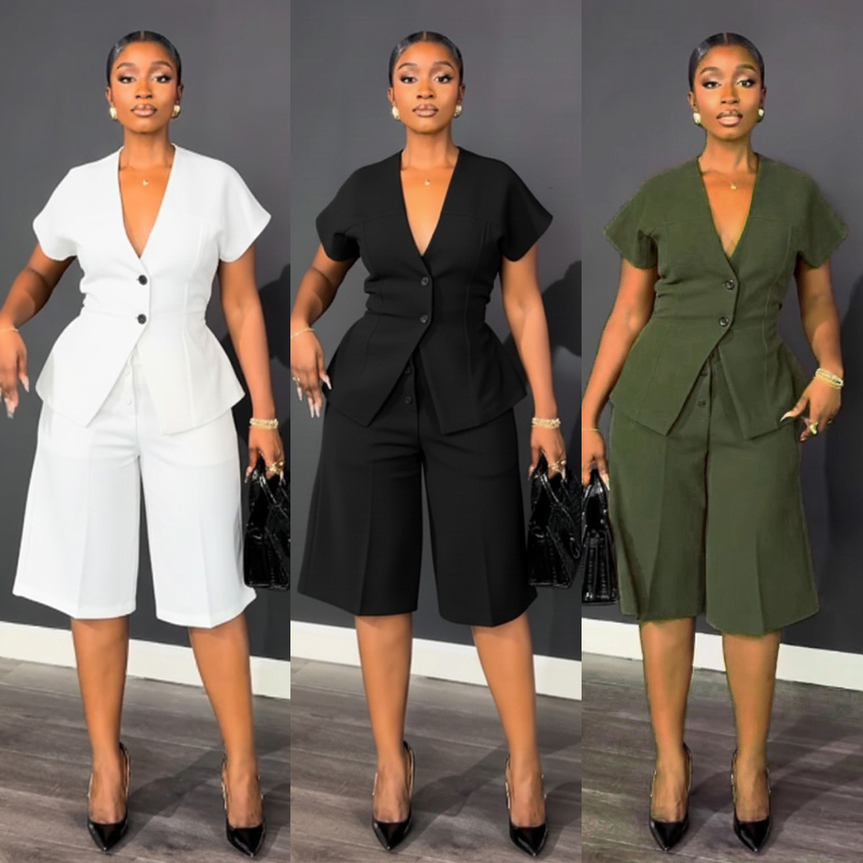 Elegant Office Two-Piece Set – Sleeveless Top & Tied Waist Shorts (Black/White/Green, S-2XL)​_ecoleips.com