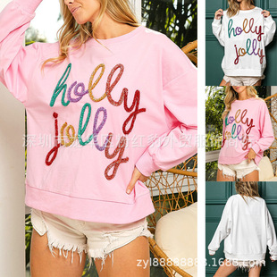 European and American popular 2023 Winter new women's clothing letter round neck long sleeve loose casual Christmas pullover sweater