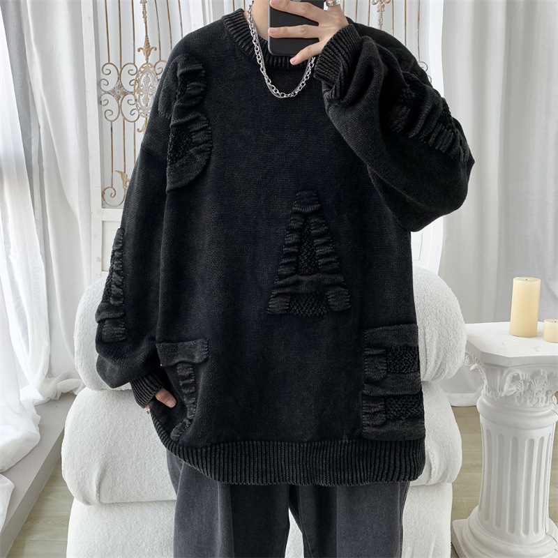 Men's Clothing Casual Knit Sweater With 3D Letter Print, Oversized Round Neck Pullover, Soft Breathable Acrylic Cotton Blend, Loose Fit Streetwear_voghion.com