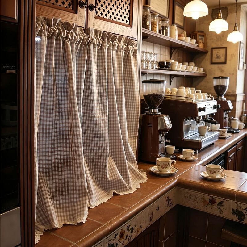 Brown Small Plaid Cotton and Linen Material Bedroom Half Cabinet Door Curtain Pastoral Style Design Lace Edge Cross-Border Supply All Year Round