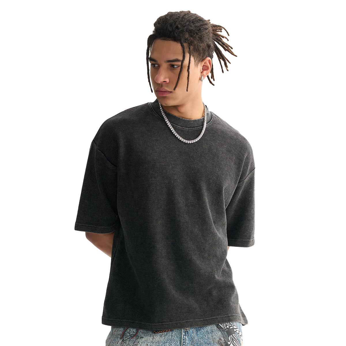 ETAI Hombre| Camiseta de alta calidad retro lavable Waffle color frito camiseta de moda corta suelta camiseta hombre image 7