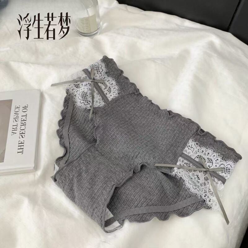 Japanese Cute Cotton Girl Ribbed Lace Edge Bow Hip-Covering Mid-Waist Underwear for Women Pink Dark Gray