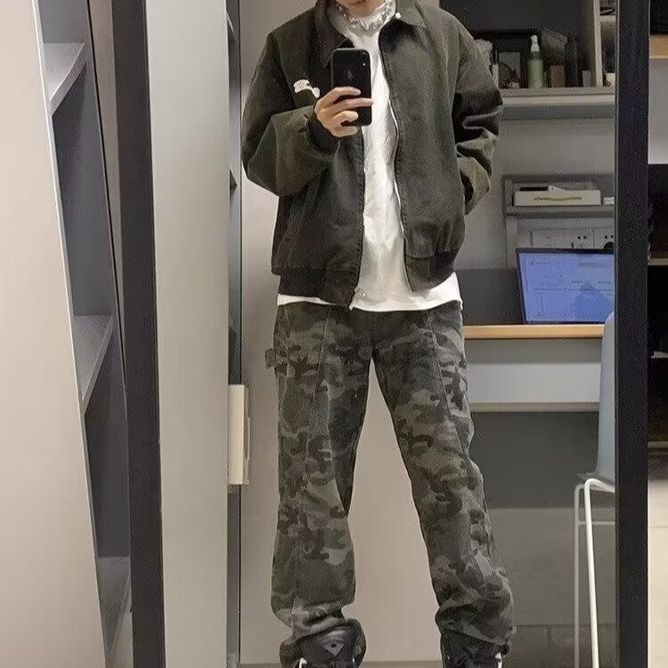 Vaqueros de camuflaje de marca de moda americana para hombres y mujeres, monos rectos de primavera y otoño, pantalones casuales anchos