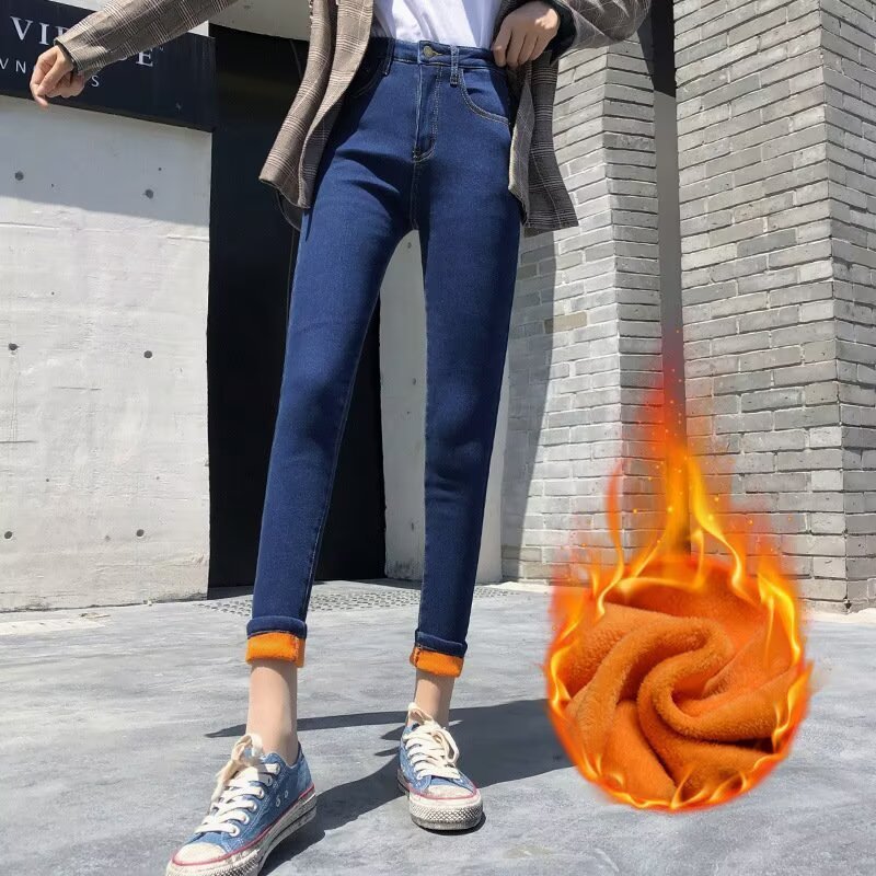 新款冬季2025长裤外穿带绒弹力加绒牛仔裤女高腰小脚加厚保暖显瘦|undefined