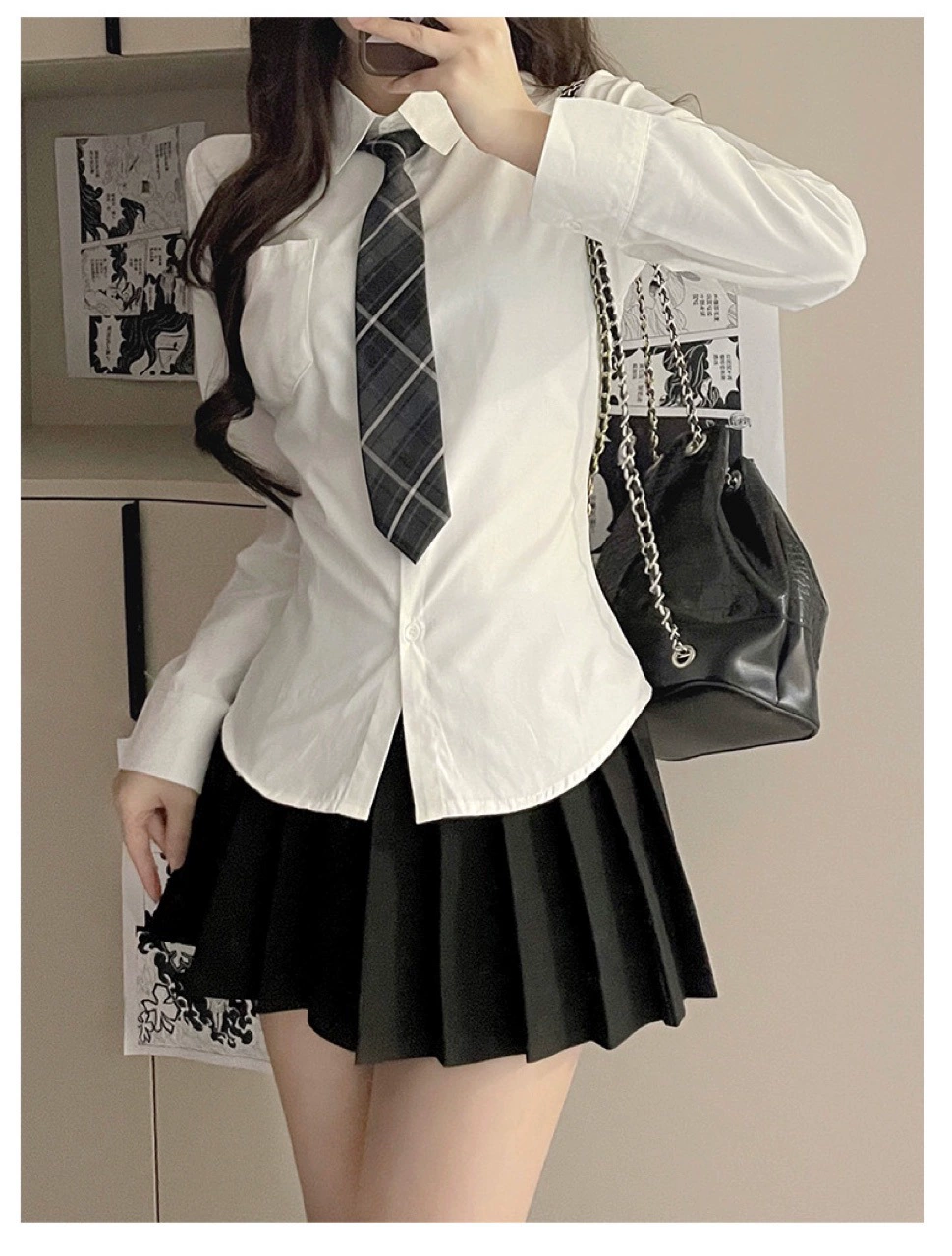 Поясничная осенняя рубашка, pleated юбка, комплект, slim fit