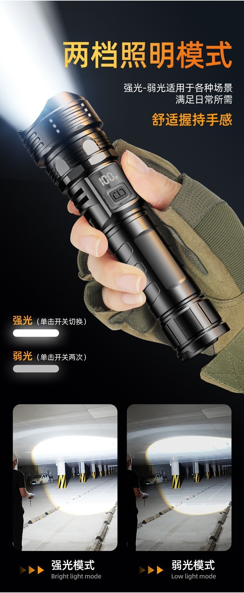 Cross-border high-brightness flashlight for outdoor mountain climbing and exploration, long-lasting lighting, waterproof, rechargeable, digital display flashlight