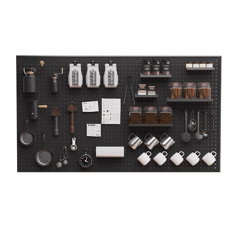 Esquina de café agujero agujero tablero estante de pared mango marco de taza colgante de pared estante de exhibición de almacenamiento tablero colgante de metal puede