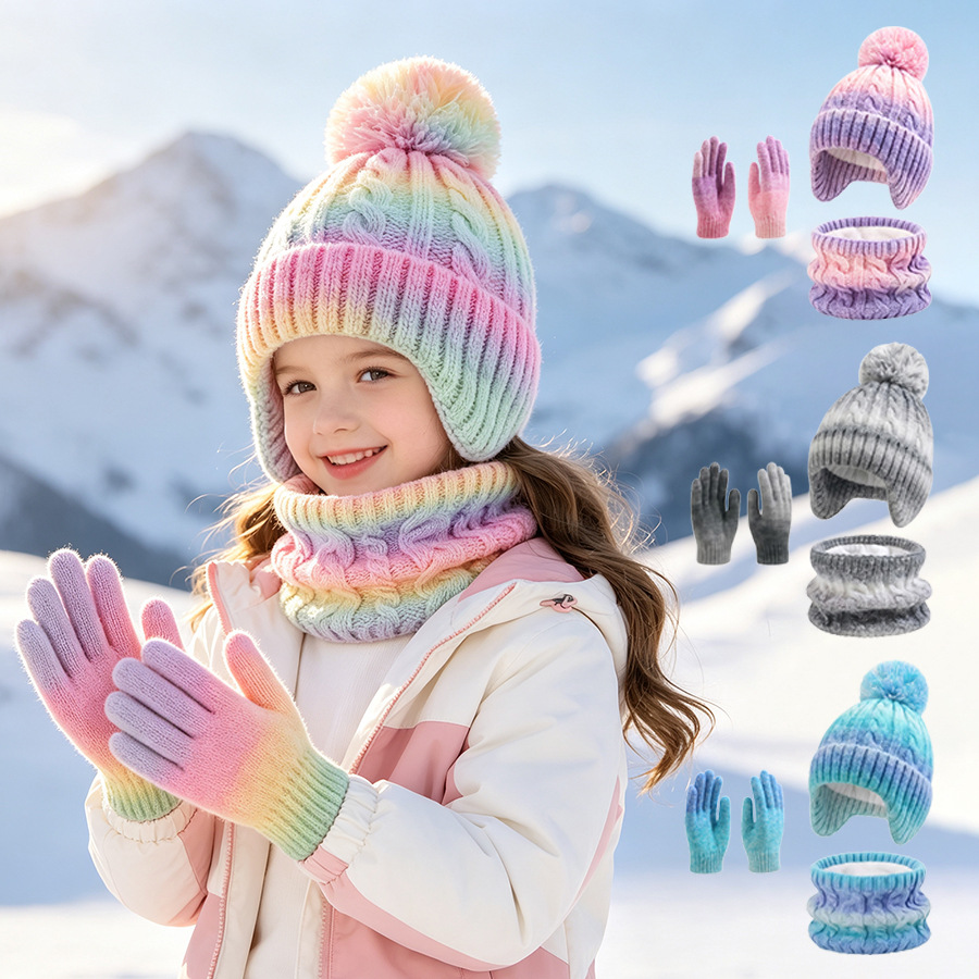 Cross-border European and American children's hat, scarf, and gloves three-piece set, new autumn and winter single-ball baby hat