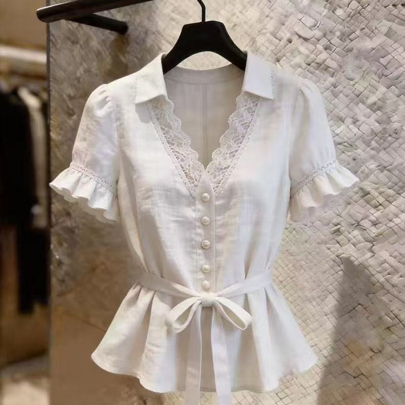 【Dropshipping】New Stylish Lace-Trimmed Design, Pure and Versatile, Waist-Cinching Slimming Shirt for Cross-Border Sales