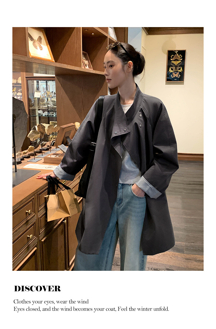 ng2510292 MOXI Thirteen Lines Women's Clothing 2026 Spring Korean Style Stand Collar Long Trench Coat For Petite Women_ecoleips.com