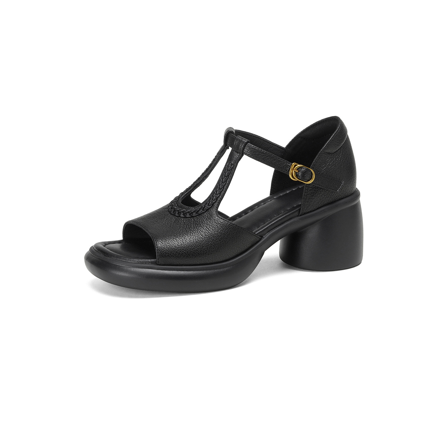 Sandal cao gót nữ quai ngang da cừu gót dày 7 cm, kiểu dáng thời trang — đen