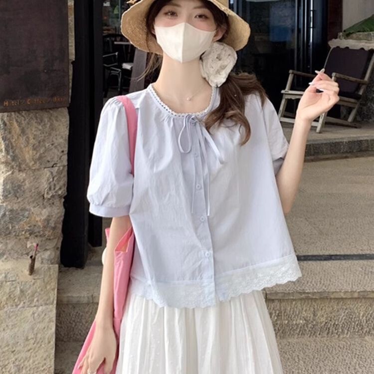 Korean Style Fresh Splicing Lace-Up Shirt for Women 2025 Summer New Style Covering Flesh and Slimming Fashion Shirt Top for Women