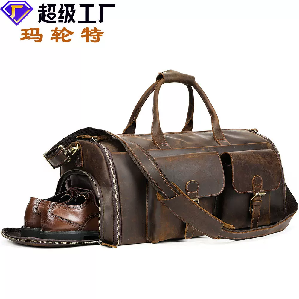 疯马皮男士旅行袋高级感真皮手提短途出差便携行李袋多功能西装包