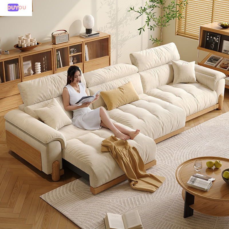 Cream Style Electric Multifunctional Sofa Bed Modern Simple Japanese Style Living Room Fabric Sofa Small Apartment Solid Wood Sofa