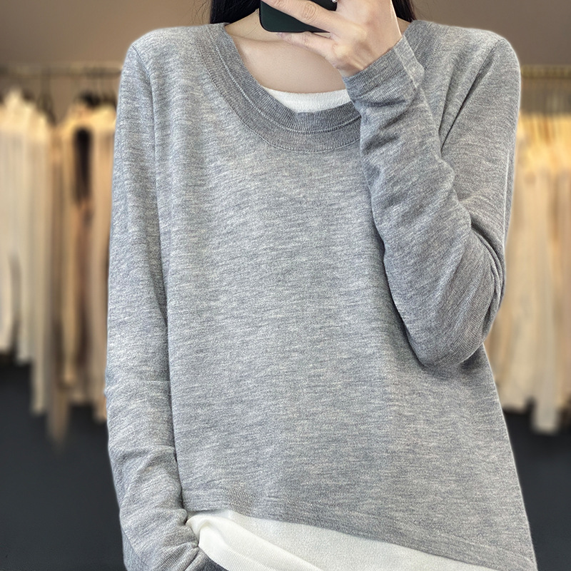 2024 spring and summer new color matching round neck elegant long sleeve loose casual age-reducing worsted wool women's knitted base