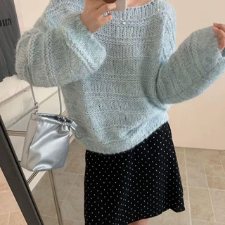 韩系温柔风亮片毛衣女秋冬新款软糯宽松针织衫泡泡袖显瘦套头上衣