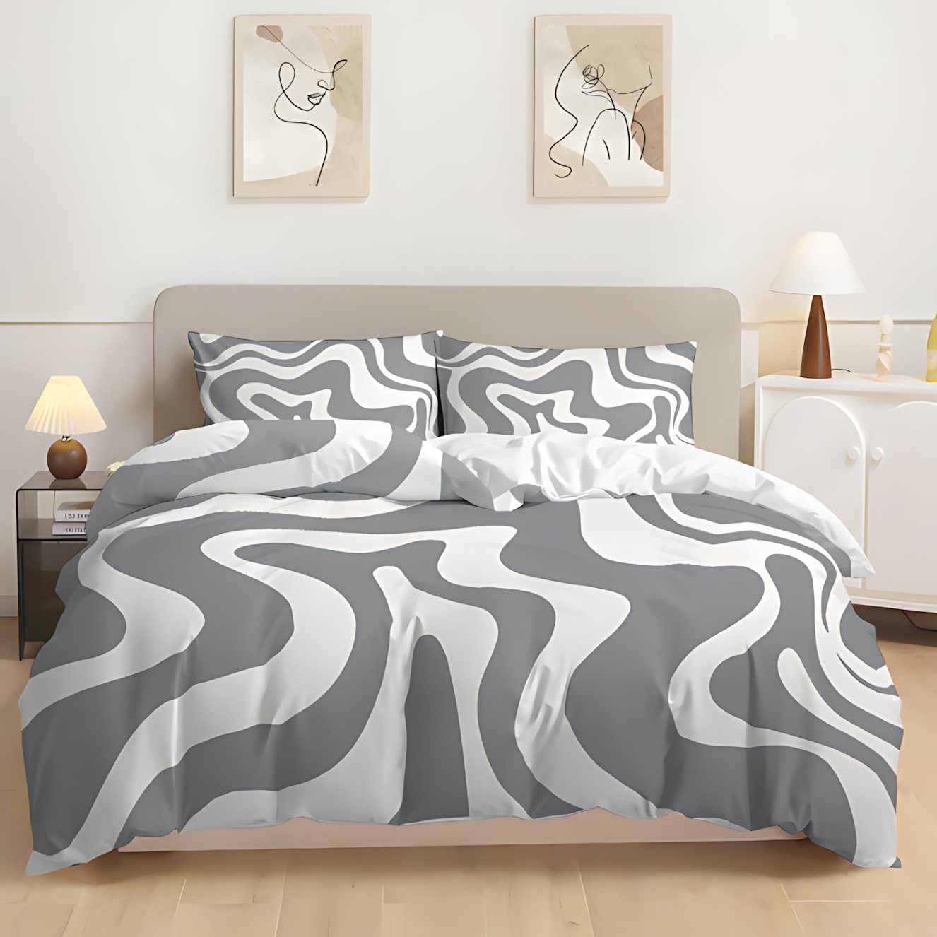 TEMU / JIT blanco y negro multicolor rayas 3D impresión digital colcha de cama set transfronterizo dibujo se puede ajustar