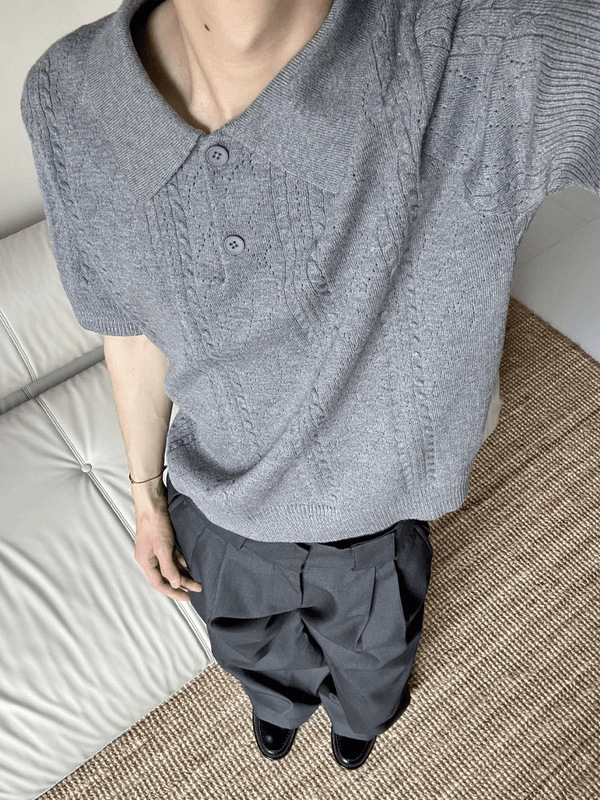 アメリカン小麦柄ニット半袖メンズ夏クリーンフィットオールドマネースタイルヘンリーカラーTシャツポロシャツトップ|undefined
