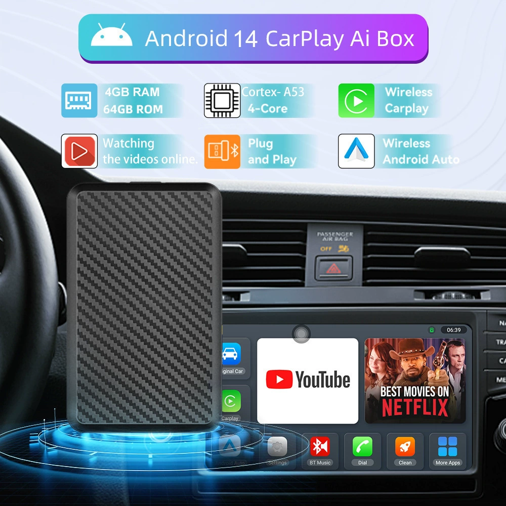 Беспроводной адаптер CarPlay для умного автомобиля на Android 14 Auto AiBox с Wi-Fi для подключения автомобиля к устройству